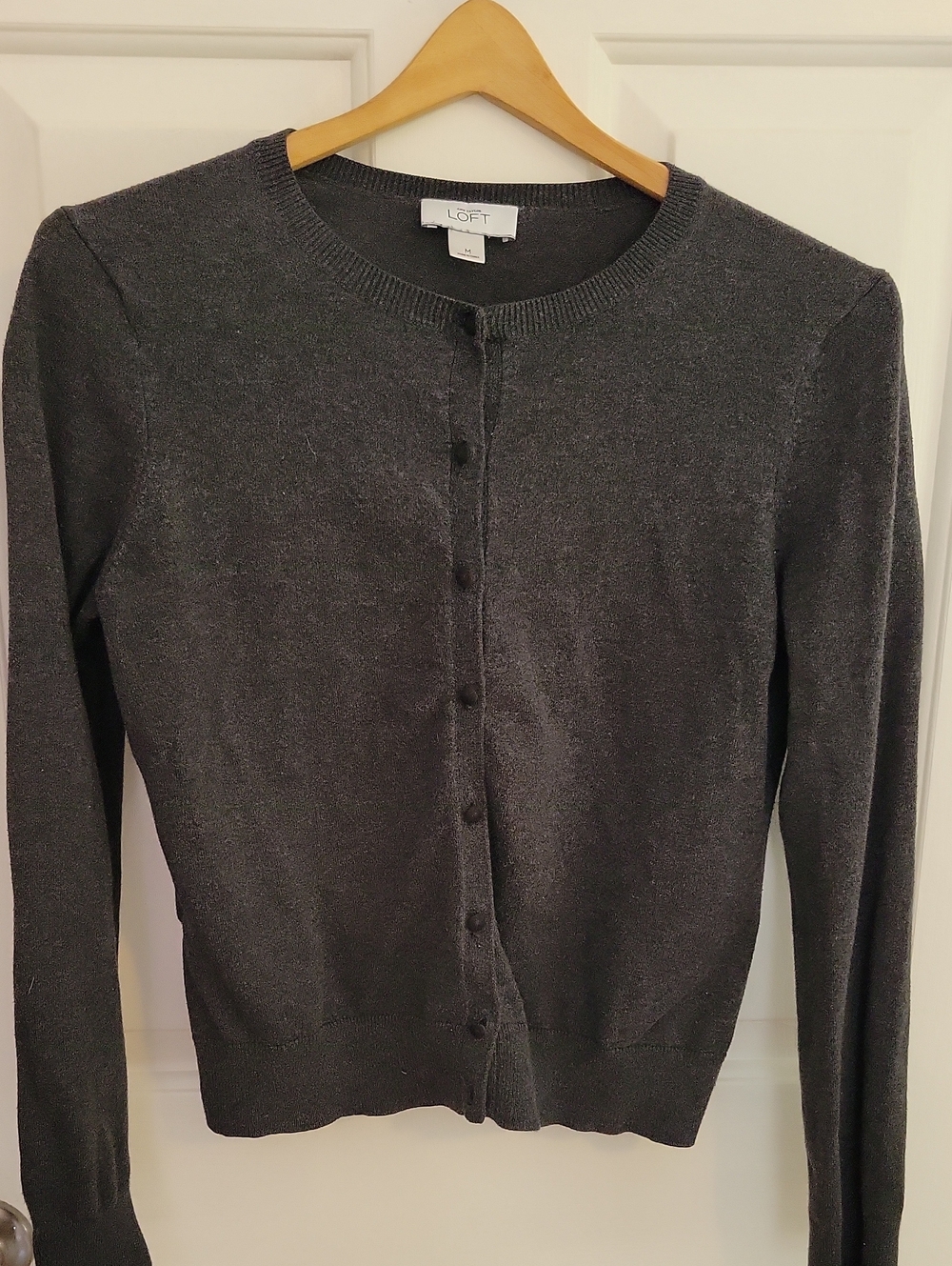 LOFT Women's Dark Charcoal Button-Front Crewneck Cardigan
